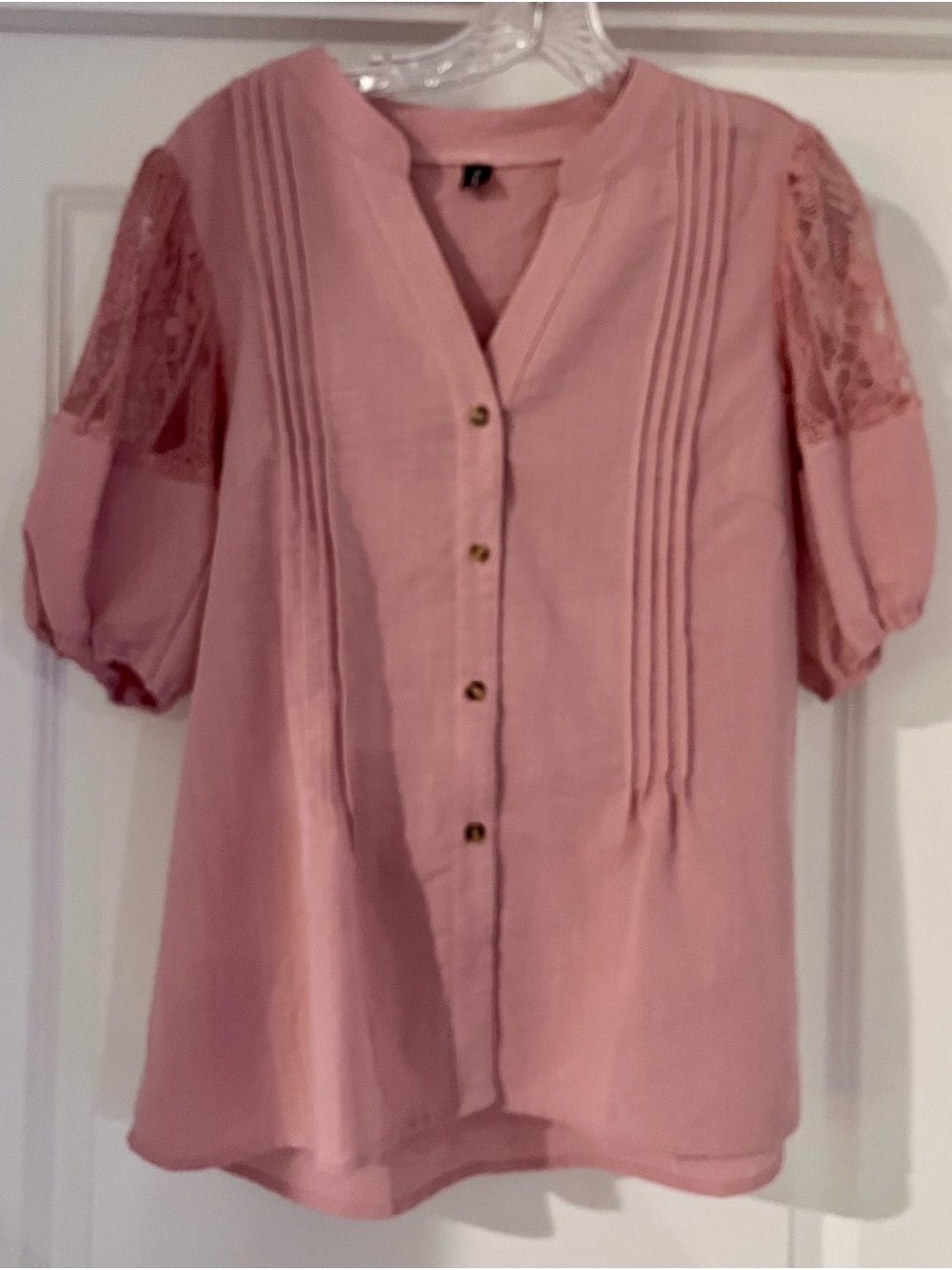 Button-Front Pink Blouse with Lace - Cottagecore